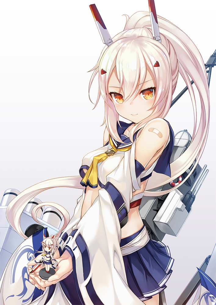 1girl ascot ayanami_(azur_lane) azur_lane bandaid_on_arm blue_skirt breasts character_doll cowboy_shot crop_top detached_sleeves eyebrows_visible_through_hair figure hair_between_eyes hands_together headpiece holding kurenai_musume lifebuoy long_hair looking_at_viewer medium_breasts midriff miniskirt orange_eyes pleated_skirt ponytail remodel_(azur_lane) rigging sailor_collar silver_hair simple_background skirt smile solo turret under_boob white_background wide_sleeves yellow_neckwear