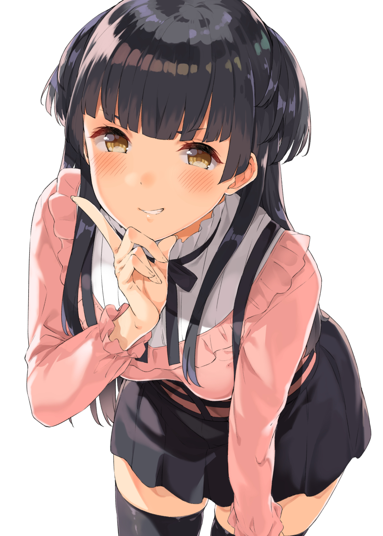 1girl bangs black_hair black_legwear black_ribbon black_skirt blunt_bangs blush brown_eyes commentary_request frilled_shirt frilled_sleeves frills hand_on_own_chin idolmaster idolmaster_shiny_colors leaning_forward long_hair long_sleeves looking_at_viewer mamedenkyuu_(berun) mayuzumi_fuyuko parted_lips pleated_skirt ribbon shiny shiny_hair shirt simple_background skindentation skirt smile solo standing thigh-highs two_side_up white_background zettai_ryouiki
