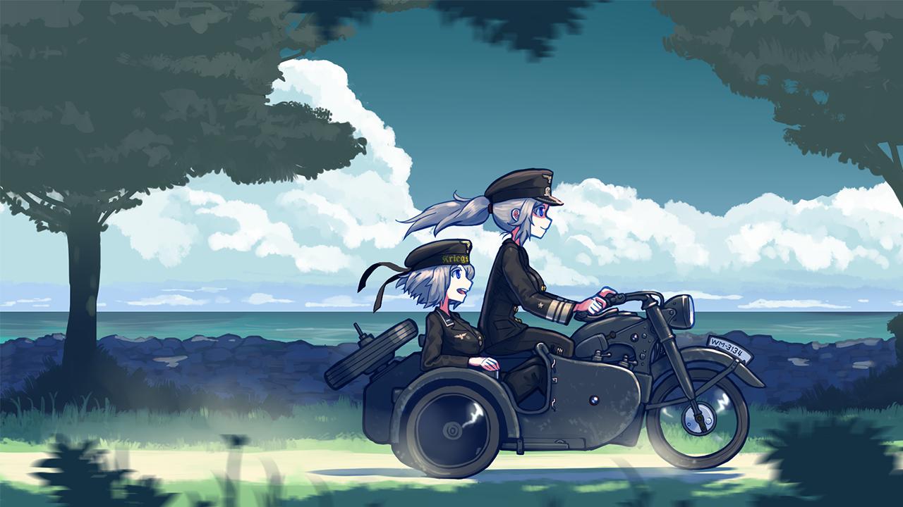 2girls blue_sky clouds commentary day epaulettes erica_(naze1940) ground_vehicle hat landscape long_hair long_sleeves military military_hat military_uniform motor_vehicle motorcycle multiple_girls nature naval_uniform original outdoors peaked_cap road scenery seascape short_hair sidecar sitting sky smile tree uniform