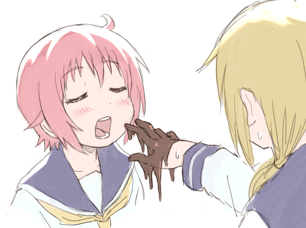 2girls bangs blonde_hair blue_sailor_collar blush chocolate_on_fingers closed_eyes collarbone commentary_request eyebrows_visible_through_hair feeding fingernails food_on_finger hair_between_eyes ichii_yui long_hair long_sleeves multiple_girls nonohara_yuzuko open_mouth pink_hair sailor_collar school_uniform serafuku shirt short_hair simple_background sweat umiroku white_background white_shirt yellow_neckwear yuyushiki