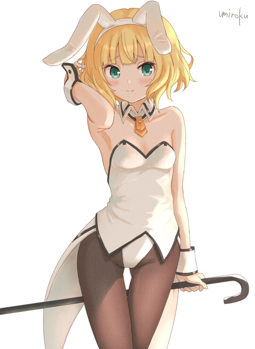 1girl alternate_costume animal_ears arm_up ass_visible_through_thighs bangs bare_shoulders blonde_hair blunt_bangs blush breasts brown_legwear bunnysuit cane closed_mouth collar collarbone commentary detached_collar dress eyebrows_visible_through_hair fake_animal_ears gochuumon_wa_usagi_desu_ka? green_eyes groin hairband hand_in_hair holding holding_cane kirima_sharo leotard pantyhose rabbit_ears signature small_breasts smile solo strapless strapless_dress umiroku white_collar white_dress white_hairband white_leotard wing_collar wrist_cuffs