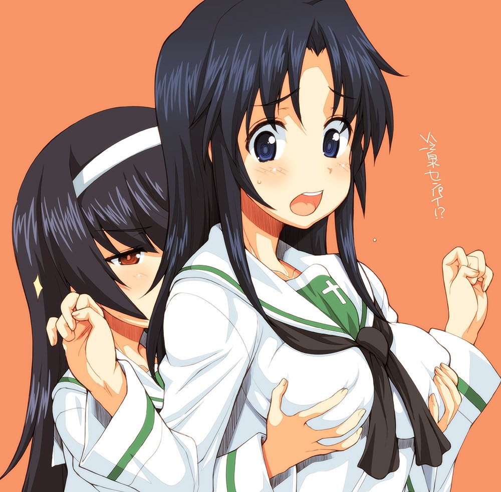 2girls bangs black_hair black_neckwear blouse blue_eyes blue_hair breast_grab breasts brown_eyes commentary eyebrows_visible_through_hair female_pervert freckles frown girls_und_panzer grabbing grabbing_from_behind hagiya_masakage hairband half-closed_eyes long_hair long_sleeves medium_breasts multiple_girls neckerchief ooarai_school_uniform open_mouth orange_background pervert reizei_mako school_uniform serafuku simple_background sparkle standing sweatdrop translated w_arms white_blouse white_hairband yamagou_ayumi