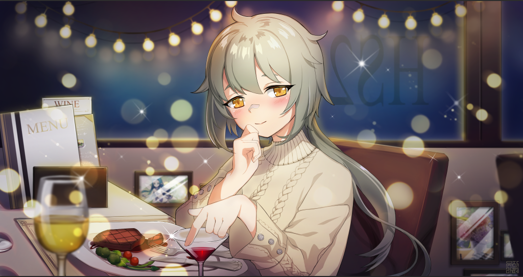 1girl alternate_costume blush chair commentary_request cup dish drinking_glass food girls_frontline grey_hair hair_between_eyes hs2000_(girls_frontline) long_hair picture_frame pointing ponytail signature smile solo_focus sparkle steak sweater table window wine_glass yellow_eyes yuza-lattee