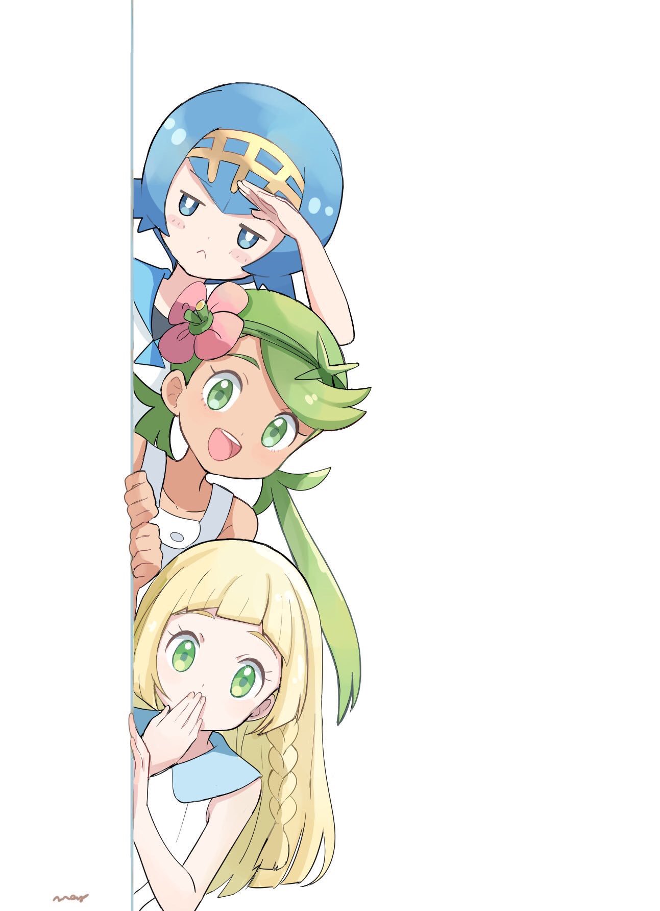 3girls :&lt; artist_name bangs bare_shoulders blonde_hair blue_eyes blue_hair blue_sailor_collar blush braid closed_mouth collarbone commentary_request covering_mouth dark_skin dress eyebrows_visible_through_hair flat_chest flower green_eyes green_hair green_hairband hair_flower hair_ornament hairband half-closed_eyes hand_up happy highres jpeg_artifacts light_blush lillie_(pokemon) long_hair looking_at_viewer mallow_(pokemon) mei_(maysroom) multiple_girls open_mouth overalls peeking_out pink_flower pokemon pokemon_(game) pokemon_sm sailor_collar shading_eyes shiny shiny_hair shirt short_hair signature simple_background sleeveless sleeveless_dress smile suiren_(pokemon) swept_bangs teeth tied_hair twintails upper_body white_background white_dress white_shirt yellow_hairband