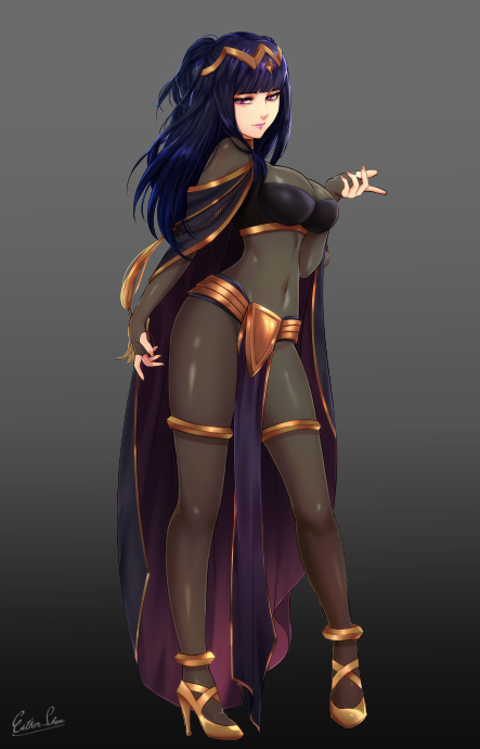 bangle bangs black_hair blunt_bangs bodystocking bodysuit bracelet cape circlet esther fire_emblem fire_emblem:_kakusei high_heels jewelry purple_hair skin_tight tharja tiara violet_eyes