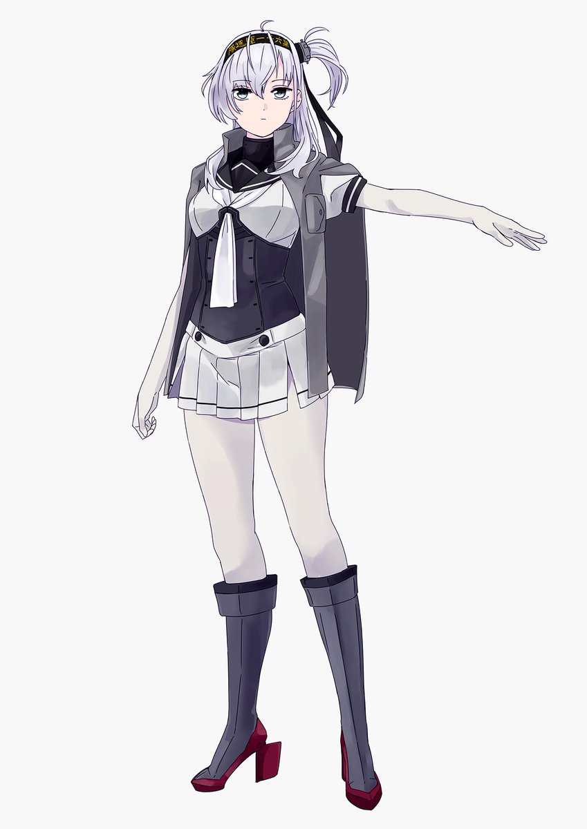1girl anchor_symbol bad_id bad_twitter_id black_headband black_sailor_collar bodysuit boots clothes_writing full_body gloves grey_background grey_jacket hachimaki headband highres jacket jacket_on_shoulders kantai_collection knee_boots long_hair looking_at_viewer miniskirt ojipon one_side_up outstretched_arm pantyhose sailor_collar silver_hair simple_background skirt solo standing suzutsuki_(kantai_collection) white_bodysuit white_gloves white_neckwear white_skirt
