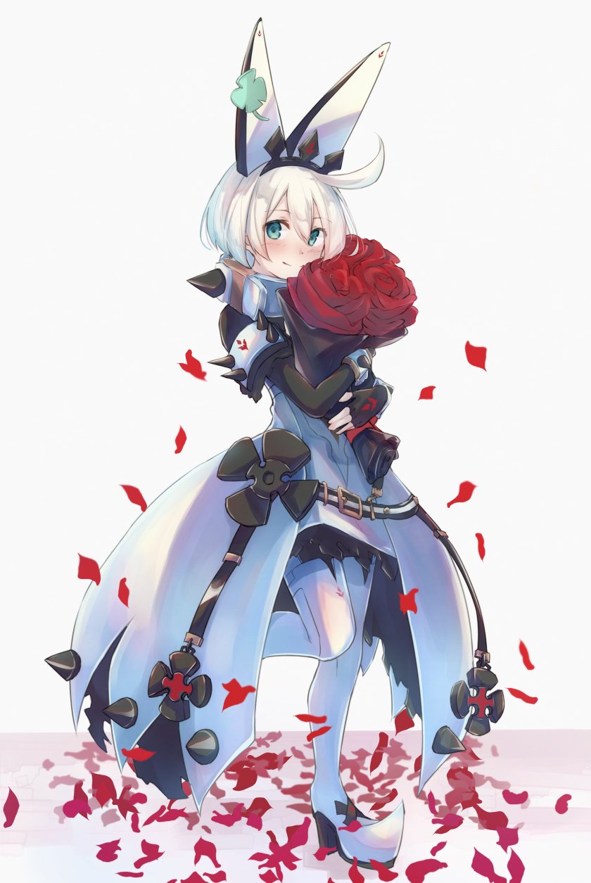 1girl ahoge blue_eyes blush bouquet bridal_veil closed_mouth clover dress elphelt_valentine eyebrows_visible_through_hair flower four-leaf_clover full_body guilty_gear guilty_gear_xrd hair_between_eyes hair_ornament highres holding holding_bouquet huge_ahoge leg_up looking_at_viewer mogupon red_flower red_rose rose simple_background smile solo spikes standing standing_on_one_leg veil wedding_dress white_background white_hair
