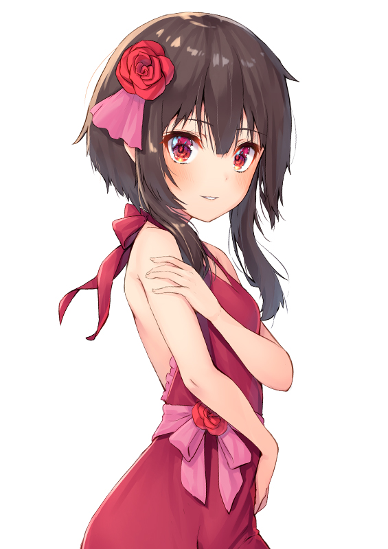 1girl alternate_costume bare_arms bare_shoulders breasts brown_hair commentary dress flower hair_flower hair_ornament halter_dress halterneck kono_subarashii_sekai_ni_shukufuku_wo! looking_at_viewer megumin parted_lips pensuke pink_ribbon red_dress red_eyes red_flower ribbon rose short_hair_with_long_locks sidelocks simple_background sleeveless sleeveless_dress small_breasts smile solo standing upper_body white_background