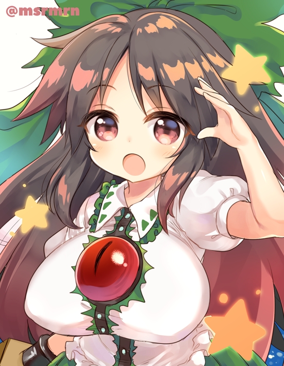 1girl :o arm_cannon arm_up bangs blush bow breasts brown_eyes brown_hair collared_shirt eyebrows_visible_through_hair frilled_shirt frilled_shirt_collar frills green_bow green_skirt hair_bow large_breasts long_hair marshmallow_mille open_mouth pleated_skirt puffy_short_sleeves puffy_sleeves reiuji_utsuho shirt short_sleeves skirt solo star touhou twitter_username very_long_hair weapon white_background white_shirt