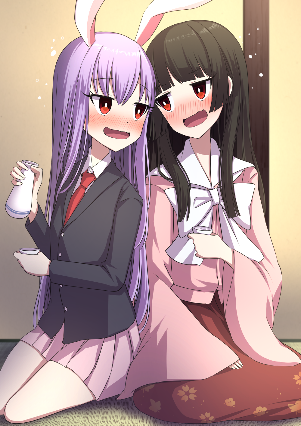2girls animal_ears black_hair blouse blush bow choko_(cup) commentary_request cup dress_shirt drunk eye_contact eyebrows_visible_through_hair floral_print hair_between_eyes hand_on_lap head_tilt head_to_head highres hime_cut holding holding_cup houraisan_kaguya indoors lavender_hair long_hair long_sleeves looking_at_another looking_back multiple_girls pink_blouse pink_skirt pleated_skirt rabbit_ears red_eyes red_neckwear red_skirt redhead reisen_udongein_inaba shirt sidelocks sitting skirt sleeves_past_wrists suit_jacket tatami tokkuri touhou tsukimirin very_long_hair white_bow white_neckwear white_shirt yokozuwari