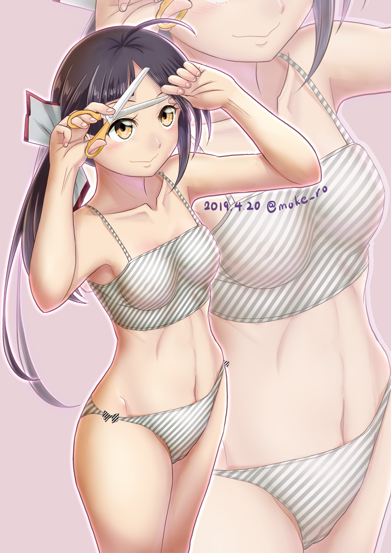 1girl ahoge arms_up asymmetrical_bangs bangs bare_arms bare_shoulders black_hair blush bow bow_panties bra breasts collarbone commentary_request cowboy_shot cutting_hair cutting_own_hair dated diagonal_stripes fingernails fujinami_(kantai_collection) groin hair_ribbon kantai_collection long_hair mokerou navel panties pink_background ribbon scissors side-tie_panties side_ponytail sideways_mouth simple_background small_breasts smile solo sports_bra standing striped striped_bra striped_panties twitter_username underwear underwear_only wavy_mouth white_ribbon yellow_eyes zoom_layer