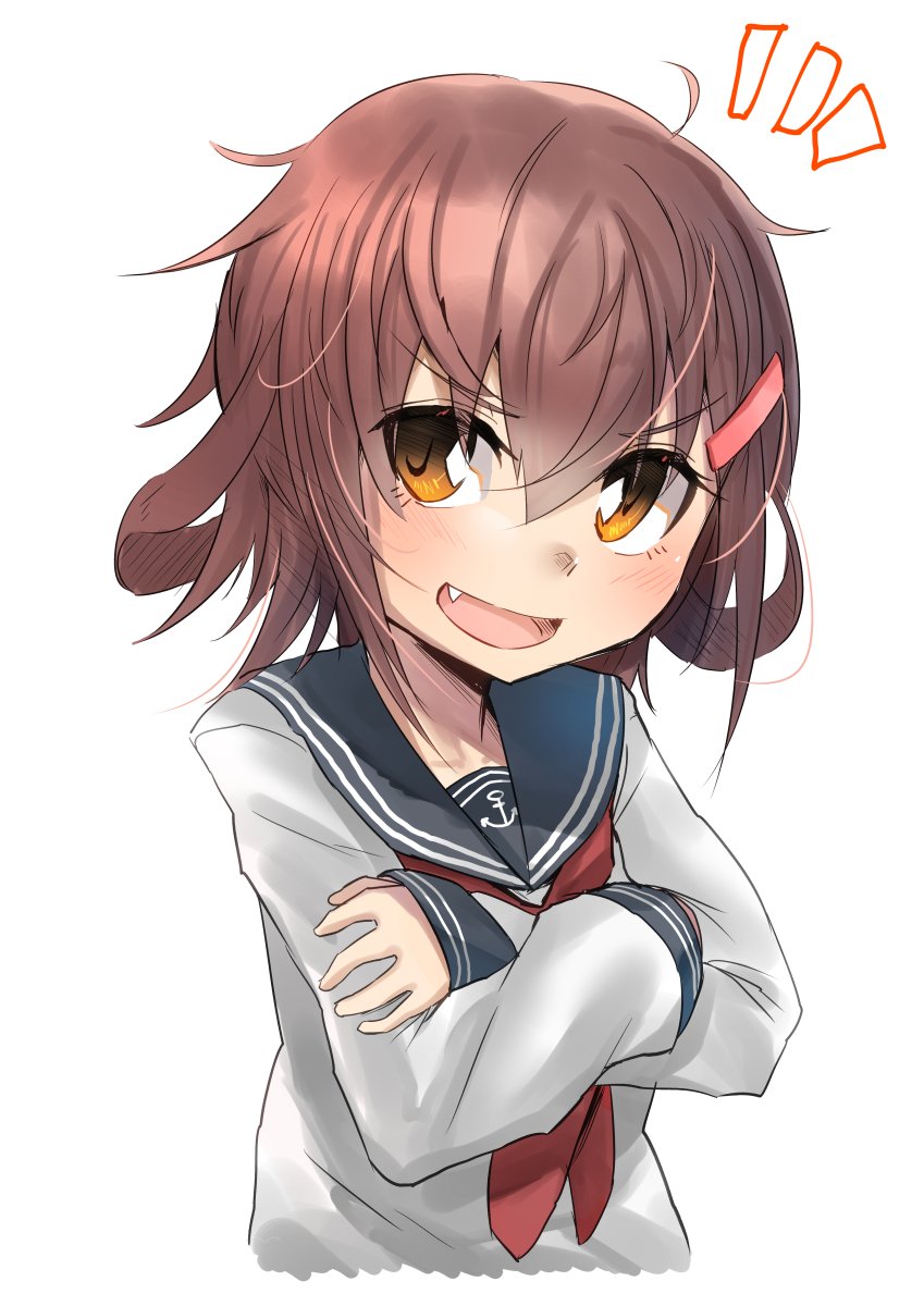 /\/\/\ 1girl anchor_symbol black_sailor_collar brown_hair commentary_request crossed_arms fang hair_ornament hairclip highres ikazuchi_(kantai_collection) kantai_collection looking_at_viewer neckerchief open_mouth red_neckwear sailor_collar school_uniform serafuku short_hair simple_background sleeve_cuffs smile solo v_r_dragon01 white_background