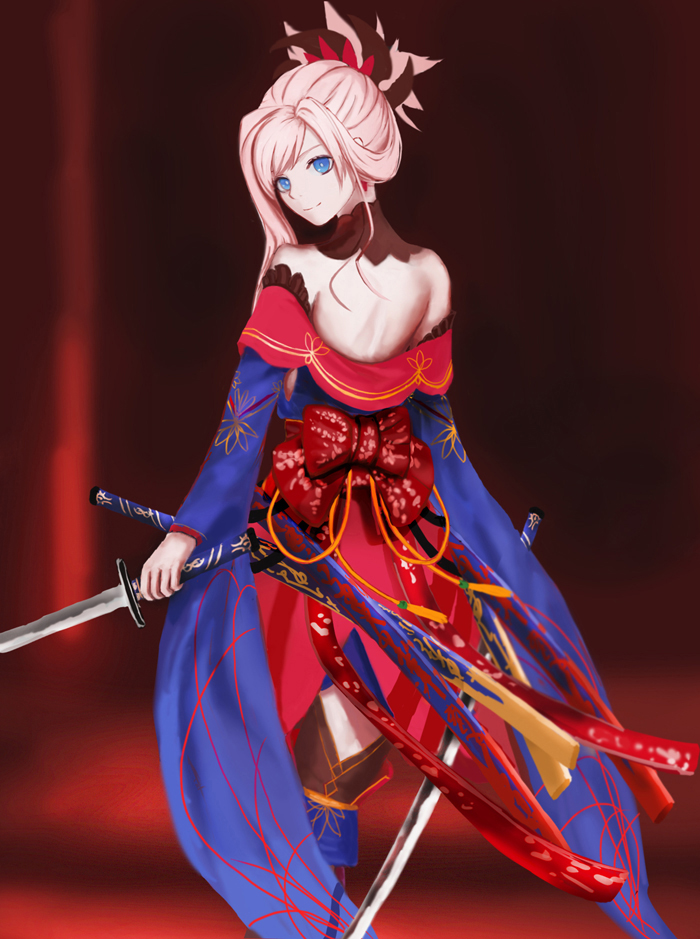 1girl 2467565919 asymmetrical_hair black_legwear blue_eyes blue_sleeves blurry blurry_background bow bowtie detached_sleeves fate/grand_order fate_(series) from_behind long_hair long_sleeves looking_at_viewer looking_back miyamoto_musashi_(fate/grand_order) print_sleeves red_bow red_neckwear shoulder_blades silver_hair solo thighs wide_sleeves