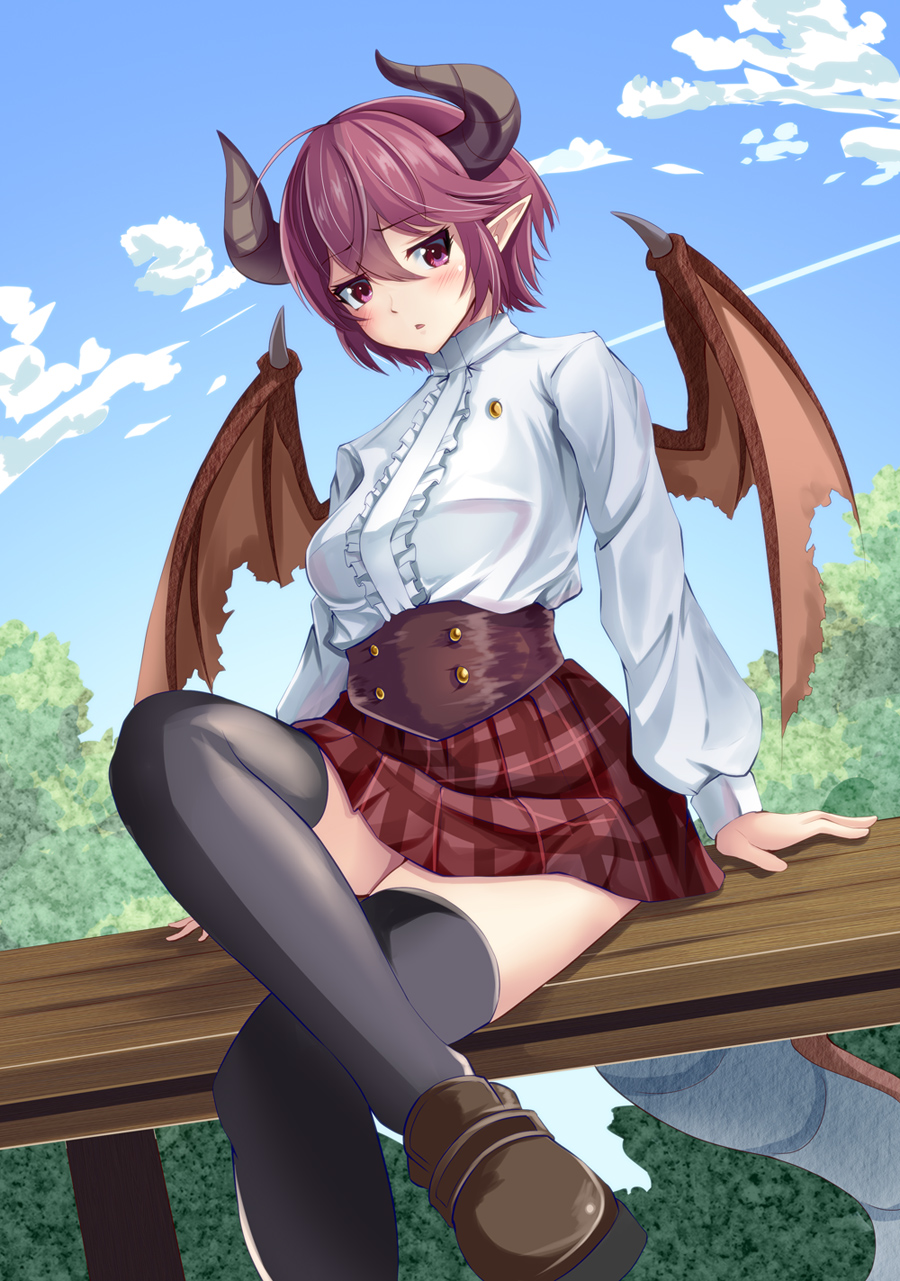 1girl :o black_legwear blue_sky blush breasts brown_footwear clouds commentary_request crossed_legs day dragon_girl dragon_horns dragon_tail dragon_wings granblue_fantasy grea_(shingeki_no_bahamut) highres horns manaria_friends medium_breasts plaid plaid_skirt pointy_ears purple_hair school_uniform shingeki_no_bahamut shirt shoes short_hair sitting_on_railing skirt sky solo tail thigh-highs tree violet_eyes white_shirt wings yumibakama_meme