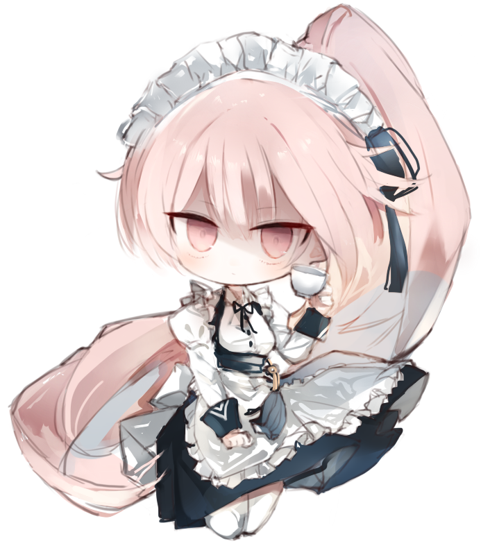 apron bangs black_ribbon black_skirt breasts chibi closed_mouth collared_shirt commentary_request cup dress_shirt eyebrows_visible_through_hair frilled_apron frills full_body girls_frontline hair_between_eyes high_ponytail holding holding_cup juliet_sleeves kotatu_(akaki01aoki00) long_hair long_sleeves looking_at_viewer maid maid_headdress neck_ribbon ntw-20_(girls_frontline) pantyhose pink_hair ponytail puffy_sleeves red_eyes ribbon shaded_face shirt simple_background skirt small_breasts very_long_hair waist_apron white_apron white_background white_legwear white_shirt