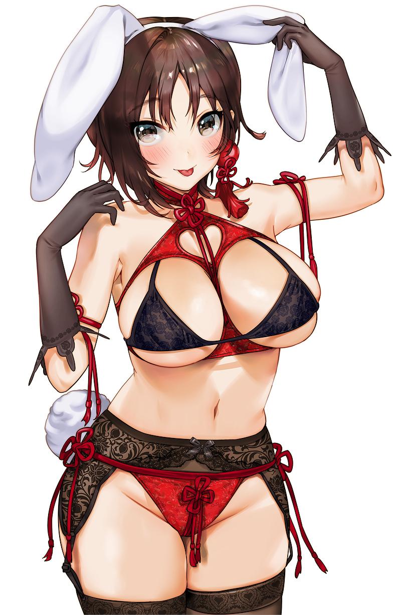 1girl animal_ears arm_up armpits bangs black_bra blush bra breasts brown_eyes brown_hair bunny_girl bunny_tail commentary_request cowboy_shot earrings elbow_gloves eyebrows_visible_through_hair fake_animal_ears fake_tail garter_belt gloves hands_up highres jewelry lace lace-trimmed_bra lace-trimmed_garter_belt lace-trimmed_gloves lace-trimmed_legwear lace-trimmed_panties lace_trim large_breasts looking_at_viewer lowleg lowleg_panties midriff navel ogino_atsuki original panties parted_bangs rabbit_ears red_panties short_hair side-tie_panties simple_background skindentation solo string_bra string_panties tail thigh-highs tongue tongue_out underwear white_background