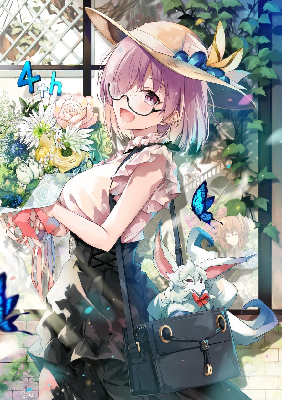 3girls :d animal bag bangs black-framed_eyewear black_skirt blouse blue_flower blush bouquet breasts brick_wall brown_headwear bug butterfly casual commentary_request creature day eyebrows_visible_through_hair fate/grand_order fate_(series) flower fou_(fate/grand_order) fujimaru_ritsuka_(female) glasses hair_over_one_eye hat high-waist_skirt highres hirai_yuzuki holding holding_bouquet insect large_breasts leonardo_da_vinci_(fate/grand_order) looking_at_viewer looking_to_the_side mash_kyrielight multiple_girls open_mouth outdoors pink_blouse pink_flower pink_rose purple_hair rose semi-rimless_eyewear short_hair short_sleeves shoulder_bag skirt smile sun_hat under-rim_eyewear violet_eyes walking white_flower window yellow_flower