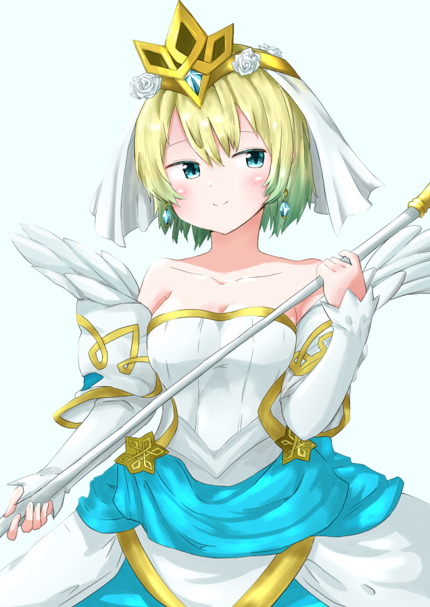 1girl bare_shoulders blonde_hair blue_eyes blue_hair bride closed_mouth commentary_request crown dress earrings fire_emblem fire_emblem_heroes fjorm_(fire_emblem_heroes) flower hair_flower hair_ornament holding holding_staff jewelry lillian8710 multicolored_hair short_hair simple_background smile solo staff strapless strapless_dress upper_body veil wedding_dress white_dress