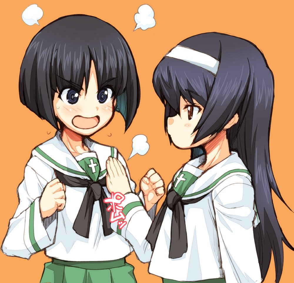 2girls =3 angry bangs black_eyes black_hair black_neckwear blouse blunt_bangs blush bob_cut brown_eyes commentary eyebrows_visible_through_hair flying_sweatdrops frown fume girls_und_panzer green_skirt hagiya_masakage hairband hand_on_another's_chest long_hair long_sleeves looking_at_another multiple_girls neckerchief ooarai_school_uniform open_mouth orange_background pleated_skirt reizei_mako school_uniform serafuku short_hair simple_background skirt sono_midoriko standing translated v-shaped_eyebrows white_blouse white_hairband