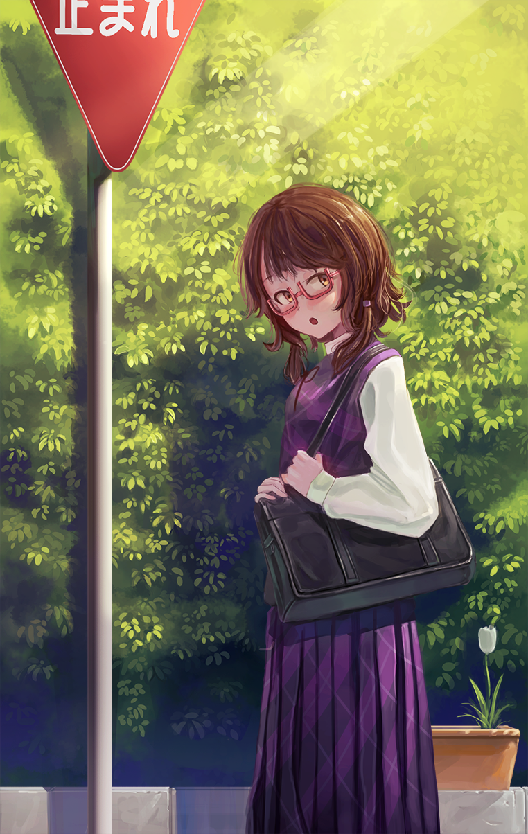 1girl :o bag bangs blush breasts brown_hair carrying cowboy_shot day fjsmu flower from_side glasses head_tilt hedge_(plant) highres light_rays lily_(flower) long_skirt long_sleeves looking_at_viewer low_twintails no_hat no_headwear outdoors plaid plaid_skirt plaid_vest planter red-framed_eyewear road_sign school_bag school_uniform semi-rimless_eyewear shirt short_hair shoulder_carry sign skirt sleeve_cuffs small_breasts solo standing stop_sign sunbeam sunlight swept_bangs topiary touhou twintails under-rim_eyewear usami_sumireko vest white_shirt yellow_eyes