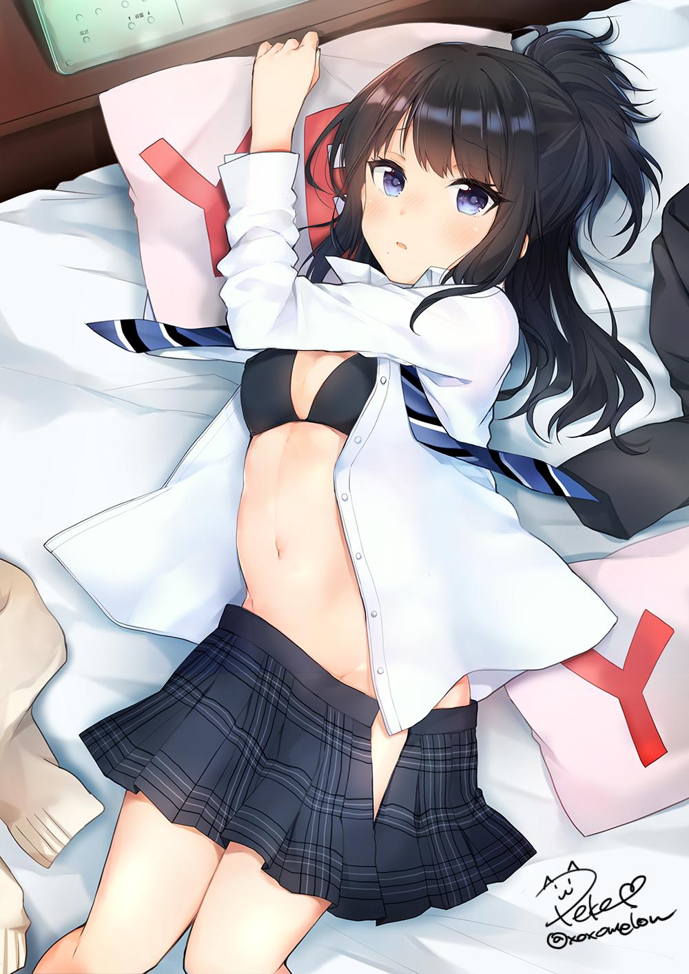 1girl bed black_bra black_hair black_skirt blue_eyes bra breasts brown_cardigan buttons cardigan_removed collared_shirt commentary_request dress_shirt hand_up highres idolmaster idolmaster_shiny_colors kazano_hiori long_hair long_sleeves looking_at_viewer lying medium_breasts miniskirt navel on_back on_bed open_clothes open_shirt parted_lips peke_(xoxopeke) pillow plaid plaid_skirt pleated_skirt ponytail shirt sidelocks signature skirt solo stomach twitter_username underwear white_shirt