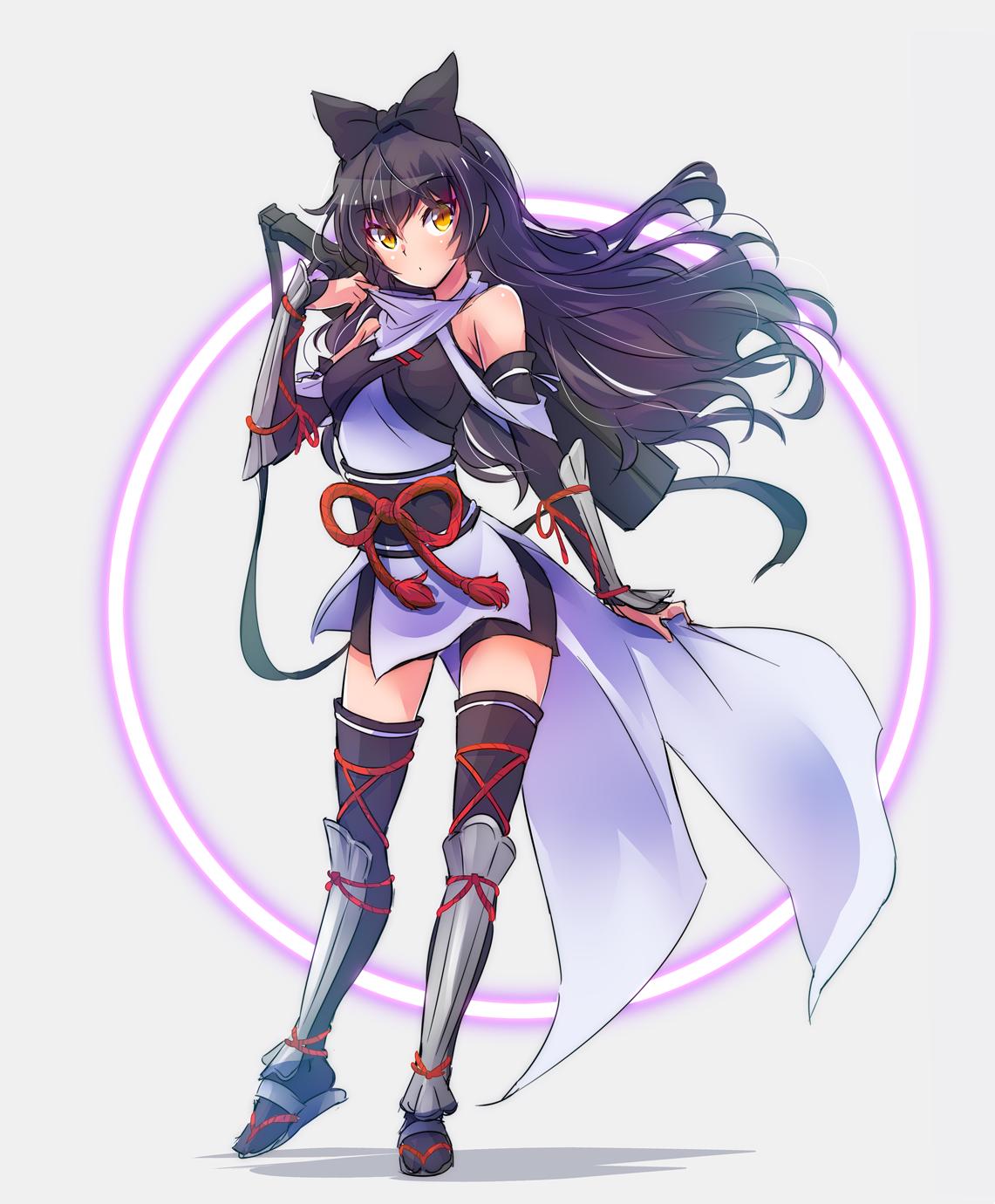 1girl black_hair black_legwear blake_belladonna bow coattails commentary detached_sleeves gambol_shroud hair_bow highres iesupa long_hair obi ribbon rwby sandals sash shin_guards shorts solo thigh-highs vambraces yellow_eyes