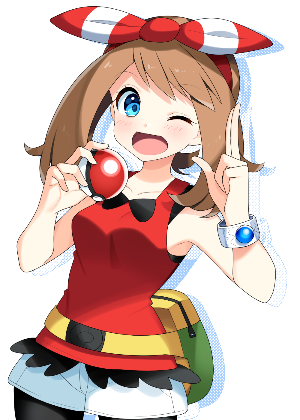 1girl ;d bag bangs bike_shorts black_shorts blue_eyes bow bracelet brown_hair collarbone cowboy_shot eyebrows_visible_through_hair hair_bow hairband haruka_(pokemon) highres holding holding_poke_ball jewelry long_hair looking_at_viewer one_eye_closed open_mouth poke_ball poke_ball_(generic) pokemon pokemon_(game) pokemon_oras red_bow red_hairband red_shirt shadow shirt short_shorts shorts shorts_under_shorts simple_background sleeveless sleeveless_shirt smile solo standing striped striped_bow swept_bangs white_background white_shorts yuihiko