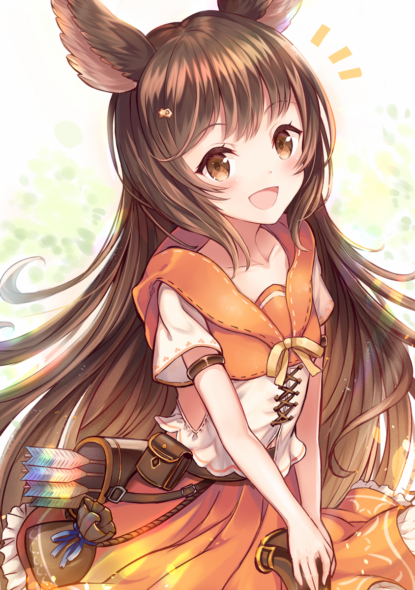 1girl :d animal_ears arrow aster_(granblue_fantasy) bangs belt_pouch blush brown_eyes brown_hair collarbone commentary_request erune eyebrows_visible_through_hair granblue_fantasy hair_ornament hairclip highres long_hair looking_at_viewer open_mouth orange_skirt pouch quiver sakura_ani short_sleeves skirt smile solo very_long_hair