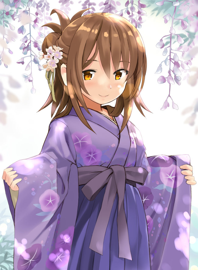 1girl alternate_costume alternate_hairstyle bangs blue_hakama blush brown_eyes brown_hair commentary_request floral_print flower green_ribbon hair_between_eyes hair_bun hair_flower hair_ornament hair_ribbon hakama inazuma_(kantai_collection) japanese_clothes kantai_collection kimono long_hair looking_at_viewer print_kimono purple_kimono ribbon sash seminoyu sleeves_past_wrists smile solo wide_sleeves wisteria