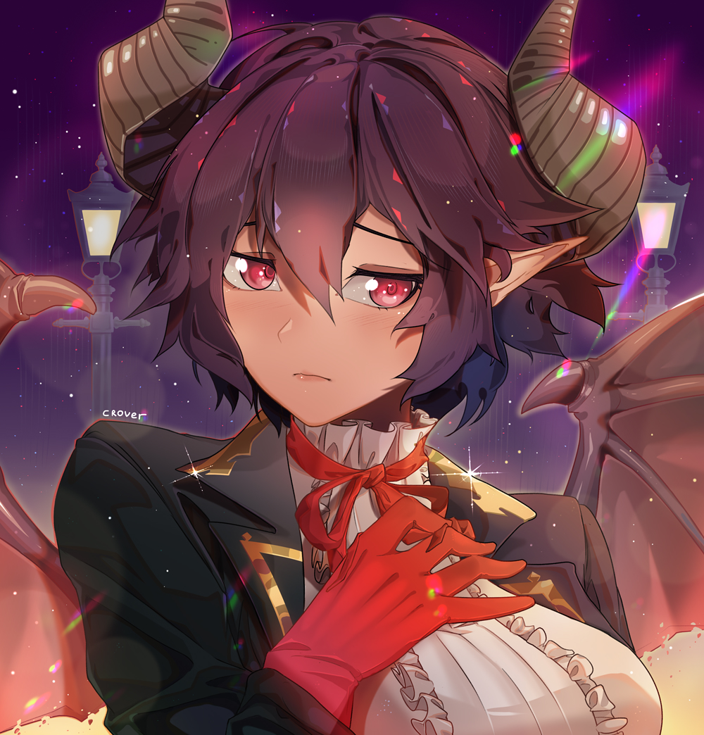 1girl artist_name black_jacket breasts crover dragon_horns dragon_wings english_commentary gloves grea_(shingeki_no_bahamut) hair_between_eyes horns jacket lamppost large_breasts light_blush looking_at_viewer manaria_friends neck_ribbon night night_sky pointy_ears purple_hair red_eyes red_gloves red_ribbon ribbon shingeki_no_bahamut shirt short_hair sky solo white_shirt wings