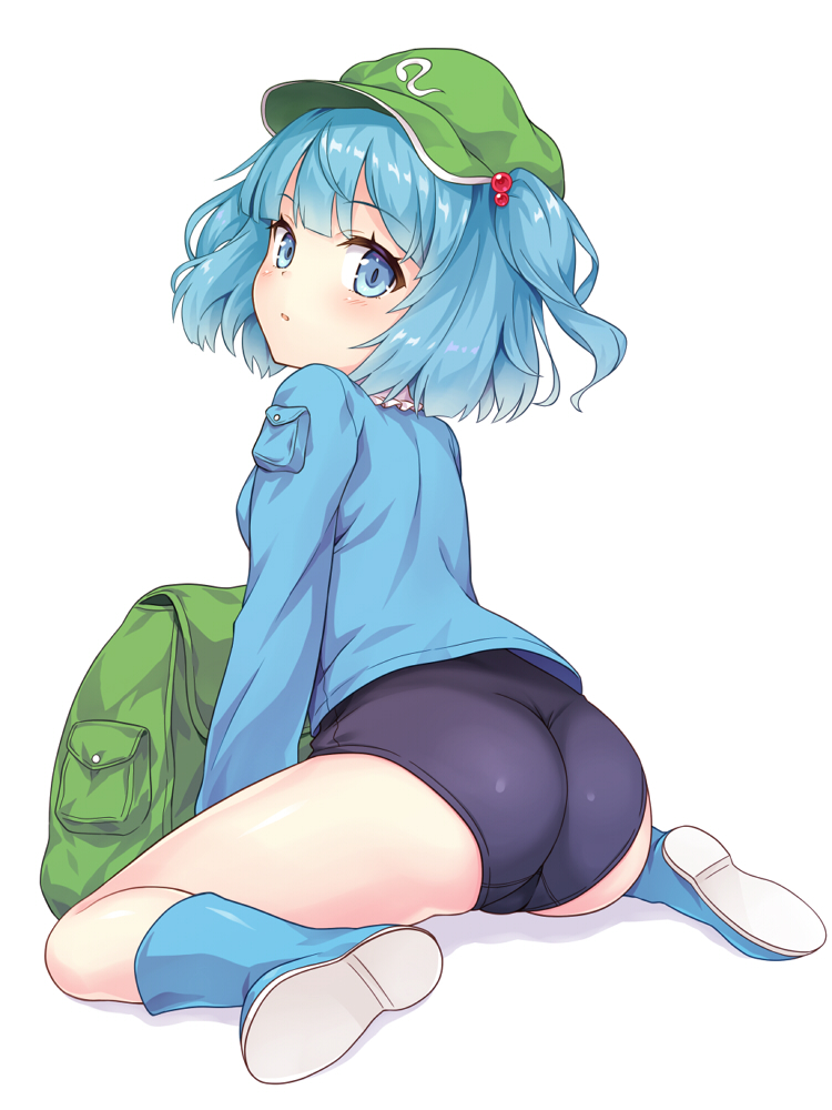1girl ass backpack bag bangs black_swimsuit blue_eyes blue_footwear blue_hair blue_shirt blunt_bangs blush boots eyebrows_visible_through_hair full_body green_backpack green_headwear hair_bobbles hair_ornament hat kawashiro_nitori long_sleeves looking_at_viewer looking_back no_pants parted_lips rubber_boots shirt short_hair simple_background sitting solo swimsuit swimsuit_under_clothes thighs touhou two_side_up wariza white_background yamasan