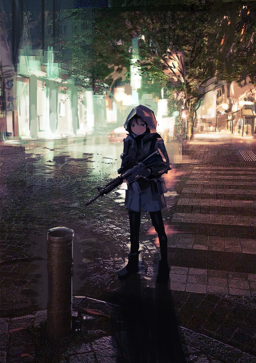 1girl :o assault_rifle black_eyes black_hair blush boots building city commentary_request crosswalk fingerless_gloves full_body gloves gun highres holding holding_weapon hood jacket looking_to_the_side m4_carbine night original pantyhose rias-coast rifle road scope shadow solo street town tree weapon