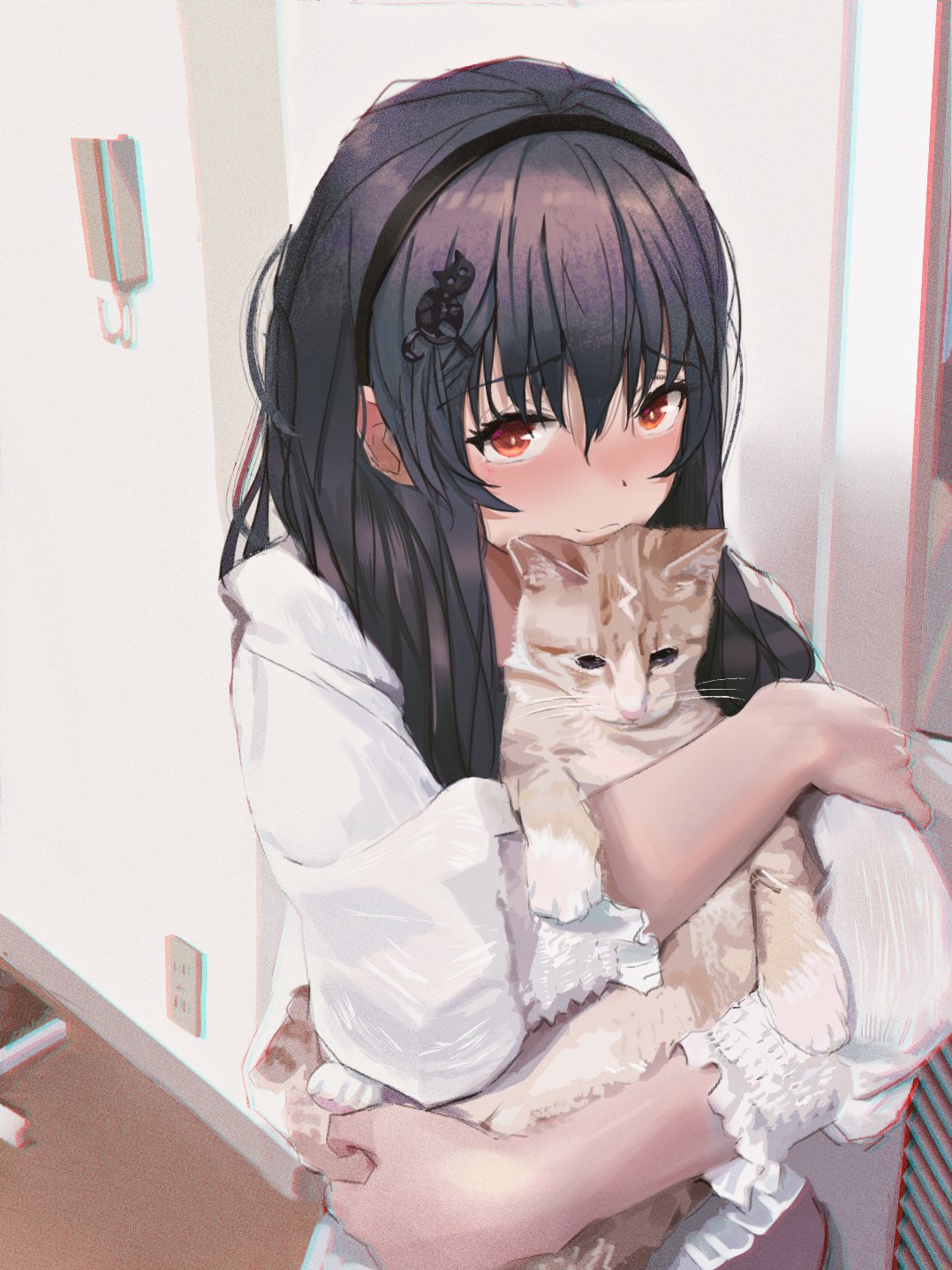 1girl animal animal_hug bangs black_hair black_hairband blush brown_cat cat cat_hair_ornament chromatic_aberration closed_mouth commentary electric_socket eyebrows_visible_through_hair film_grain hair_between_eyes hair_ornament hairband hairclip highres indoors kimi_to_kanojo_to_kanojo_no_koi. long_hair long_sleeves looking_at_viewer puffy_long_sleeves puffy_sleeves red_eyes shirt smile solo sone_miyuki tifg39 upper_body white_shirt