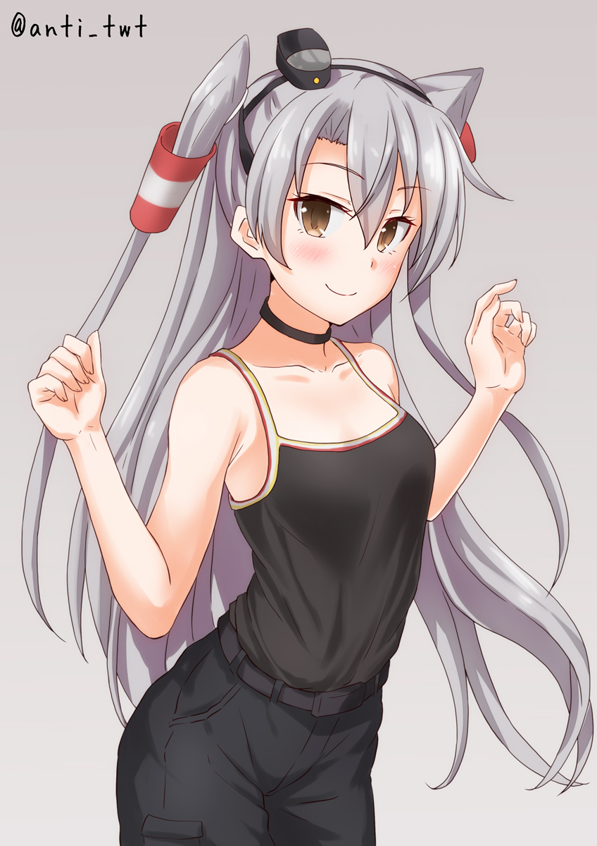 1girl alternate_costume amatsukaze_(kantai_collection) anti_(untea9) bangs bare_shoulders black_camisole blush breasts brown_eyes camisole casual choker closed_mouth collarbone commentary_request cowboy_shot eyebrows_visible_through_hair hair_between_eyes hair_tubes hands_up hat highres kantai_collection long_hair looking_at_viewer mini_hat silver_hair simple_background sleeveless small_breasts smile solo standing twitter_username two_side_up