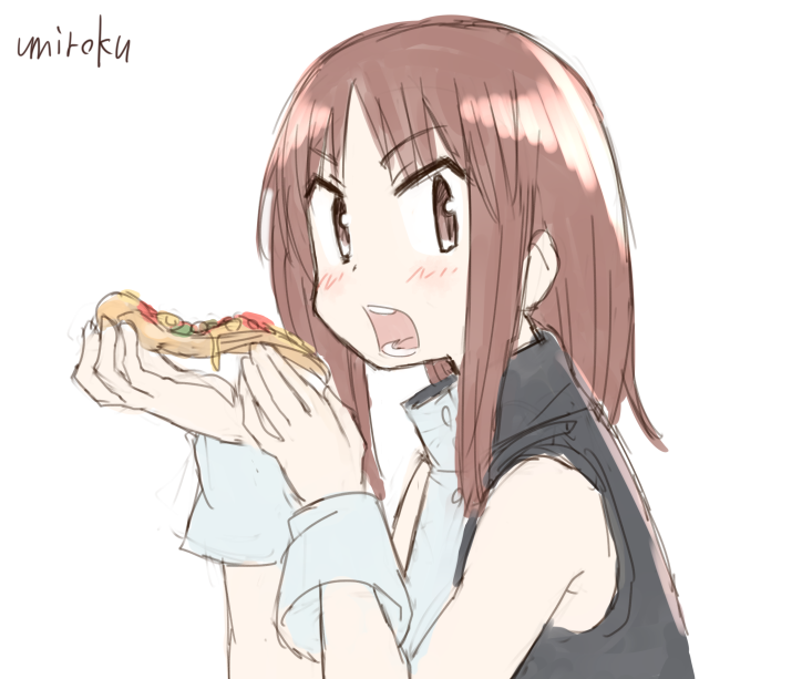 1girl bangs bare_shoulders black_shirt blush brown_eyes brown_hair commentary_request eyebrows_visible_through_hair food hands_up holding holding_food long_hair looking_at_viewer okano_kei open_mouth parted_bangs pizza shirt signature simple_background sleeveless sleeveless_shirt slice_of_pizza solo umiroku v-shaped_eyebrows white_background wrist_cuffs yuyushiki