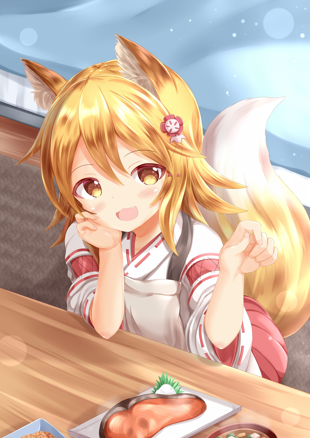 1girl :d animal_ear_fluff animal_ears apron bangs blonde_hair blush brown_apron brown_eyes commentary_request eyebrows_visible_through_hair fang fingernails flower food fox_ears fox_girl fox_tail hair_between_eyes hair_flower hair_ornament hakama hands_up highres indoors japanese_clothes kimono long_hair looking_at_viewer nail_polish open_mouth pink_nails red_flower red_hakama ribbon-trimmed_sleeves ribbon_trim senko_(sewayaki_kitsune_no_senko-san) sewayaki_kitsune_no_senko-san short_sleeves sitting smile solo table tail tail_raised white_kimono wide_sleeves zenon_(for_achieve)