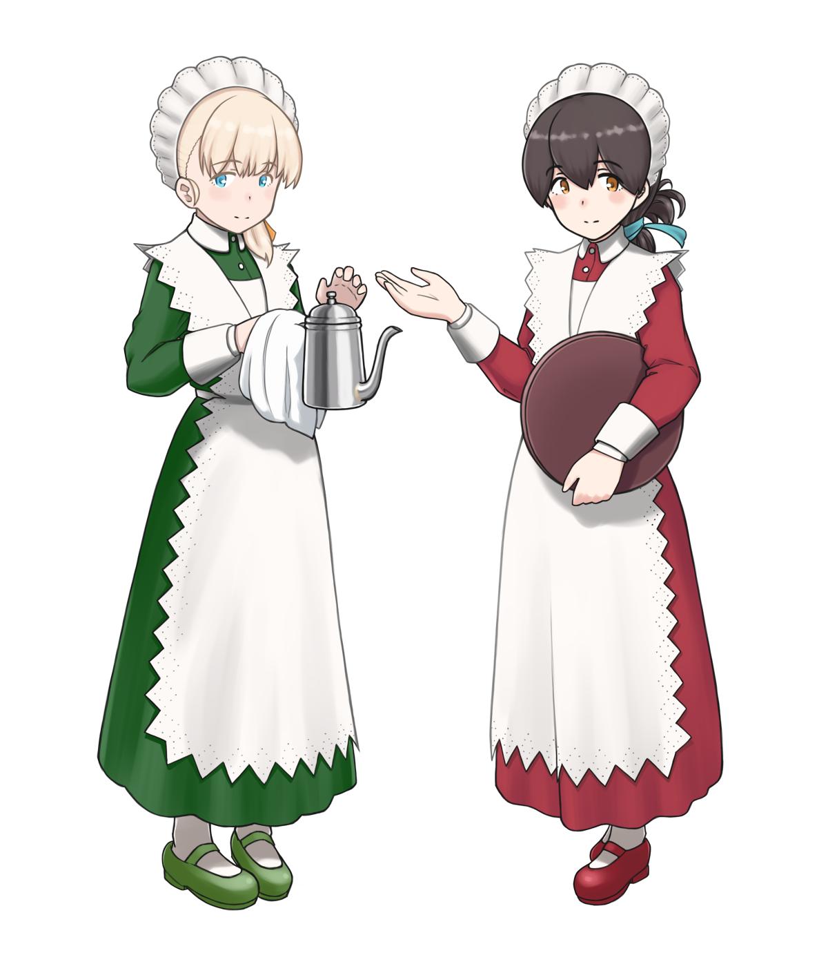 2girls alternate_costume apron bangs black_hair blonde_hair blue_eyes blue_ribbon blunt_bangs brown_eyes commentary_request dress enmaided folded_ponytail frilled_apron frills full_body green_dress green_footwear hair_ornament hair_ribbon highres kantai_collection kasuga_maru_(kantai_collection) long_hair maid maid_headdress mary_janes matching_outfit multiple_girls pantyhose pitcher porusasu red_dress red_footwear ribbon shin'you_(kantai_collection) shoes side_ponytail simple_background swept_bangs taiyou_(kantai_collection) tray white_apron white_background