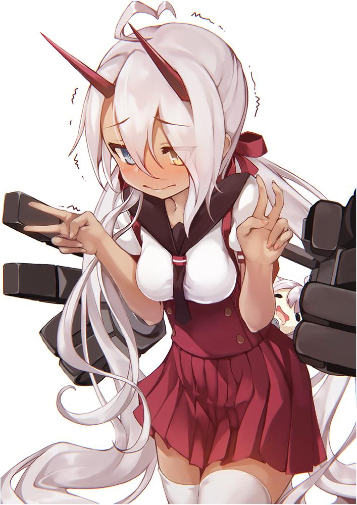 1girl ahoge alternate_costume azur_lane blue_eyes blush bow breasts character_doll cowboy_shot dark_skin double_v embarrassed eyebrows_visible_through_hair eyes_visible_through_hair hair_between_eyes hair_bow heart_ahoge heterochromia horn_ornament indianapolis_(azur_lane) kurenai_musume long_hair looking_down low_twintails medium_breasts miniskirt pleated_skirt portland_(azur_lane) red_skirt rigging sailor_collar school_uniform serafuku short_sleeves silver_hair simple_background skirt solo tareme thigh-highs trembling twintails v very_long_hair wavy_mouth white_background white_legwear yellow_eyes zettai_ryouiki