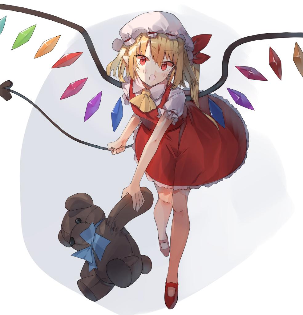 1girl :o ascot bangs blonde_hair blue_bow blue_neckwear blush bow bowtie commentary_request crystal eyebrows_visible_through_hair flandre_scarlet full_body hair_between_eyes hat hat_ribbon holding holding_stuffed_animal kasuka_(kusuki) laevatein long_hair looking_at_viewer mary_janes mob_cap one_side_up open_mouth petticoat pointy_ears puffy_short_sleeves puffy_sleeves red_eyes red_footwear red_ribbon red_skirt red_vest ribbon shirt shoes short_sleeves sidelocks skirt skirt_set solo stuffed_animal stuffed_toy teddy_bear touhou vest white_background white_headwear white_shirt wings yellow_neckwear