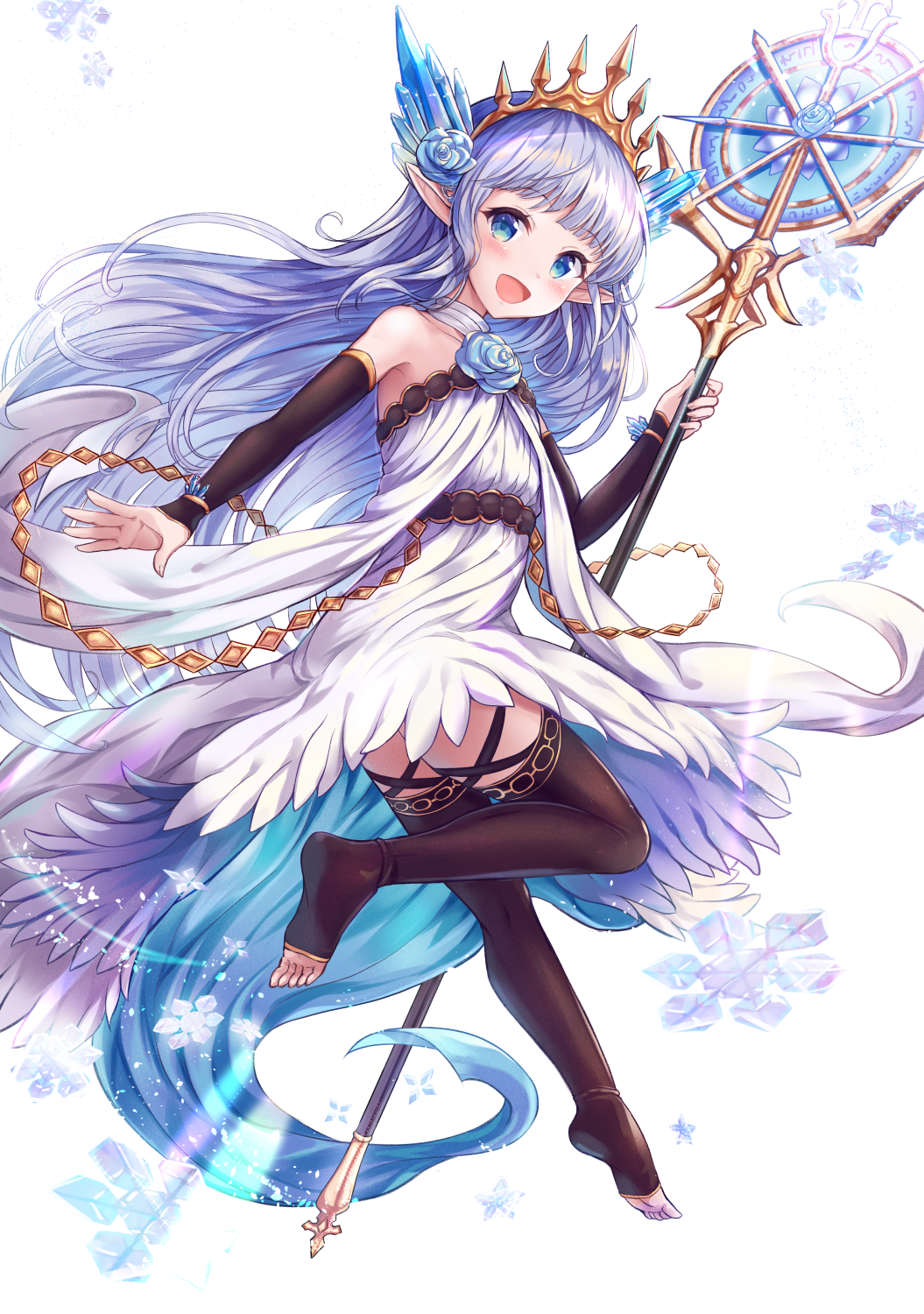 1girl :d bangs bare_shoulders blue_eyes blue_flower blue_hair blue_rose blush brown_legwear brown_sleeves crystal detached_sleeves dress eyebrows_visible_through_hair flower full_body granblue_fantasy hair_flower hair_ornament highres holding holding_staff lily_(granblue_fantasy) long_sleeves looking_at_viewer looking_back no_shoes open_mouth pointy_ears rose sakura_ani simple_background sleeves_past_wrists smile snowflakes soles solo staff thigh-highs tiara toeless_legwear white_background white_dress