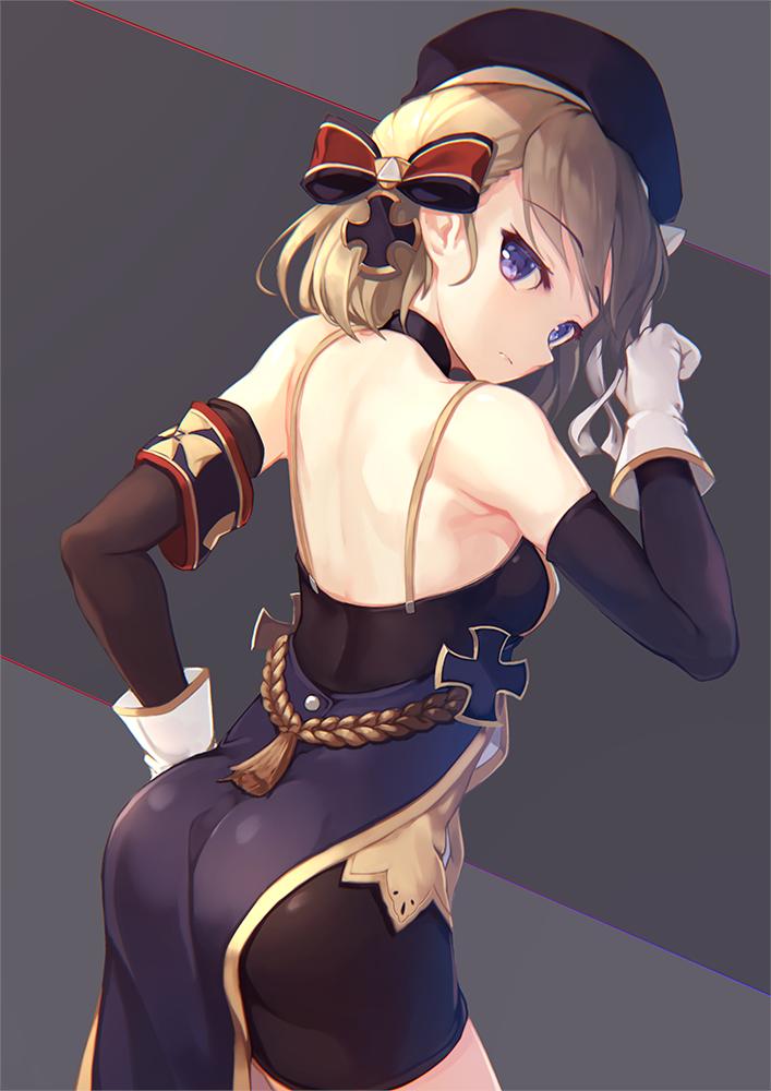 1girl ass azur_lane bangs bare_shoulders beret blonde_hair blue_eyes blush bow breasts commentary_request elbow_gloves eyebrows_visible_through_hair gloves hair_between_eyes hair_bow hat iron_cross kurenai_musume looking_at_viewer looking_back ribbon short_hair sleeveless solo z23_(azur_lane)