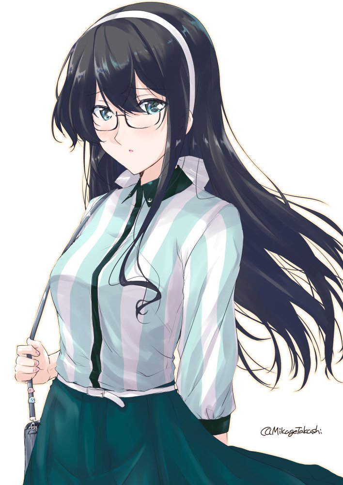 1girl aqua_eyes arm_behind_back bag black-framed_eyewear black_hair blush casual commentary_request dress_shirt glasses hairband handbag kantai_collection long_hair looking_at_viewer mikage_takashi ooyodo_(kantai_collection) open_mouth shirt skirt solo striped twitter_username vertical_stripes