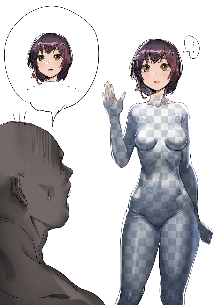 1boy 1girl :d ? blush bodysuit bow_(bhp) breasts covered_navel covered_nipples faceless faceless_male fake_transparency groin meme open_mouth original purple_hair revision short_hair simple_background smile spoken_question_mark white_background yellow_eyes