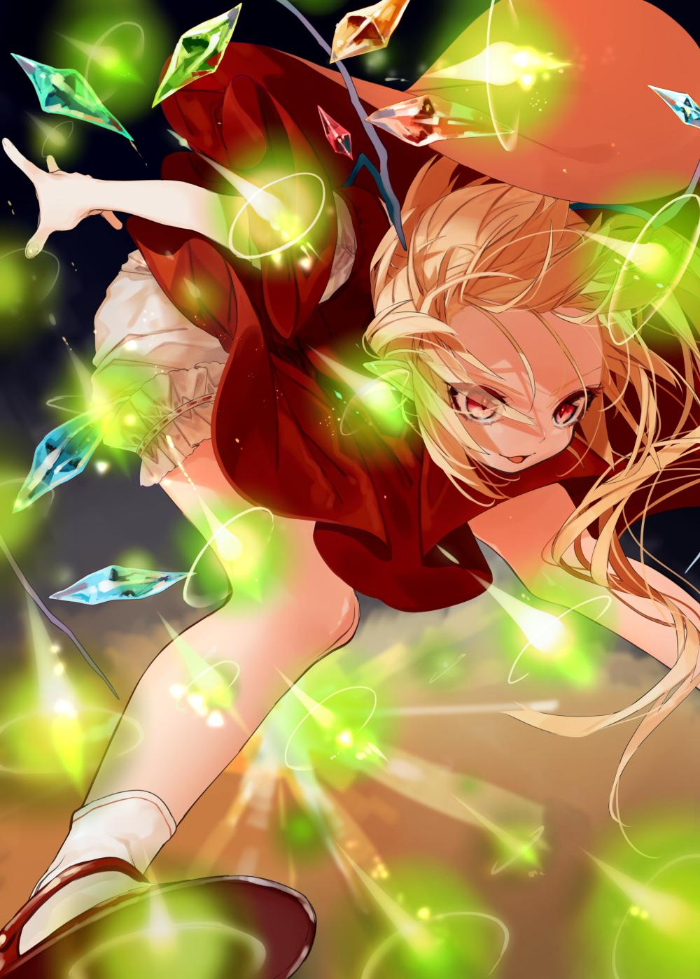 1girl bent_over black_background blonde_hair bloomers commentary_request crystal danmaku dress feet_out_of_frame flandre_scarlet forehead gotoh510 gradient gradient_background highres long_hair no_hat no_headwear one_side_up open_mouth orange_background red_dress red_eyes red_footwear shoes short_sleeves smile socks solo touhou underwear white_bloomers white_legwear wings