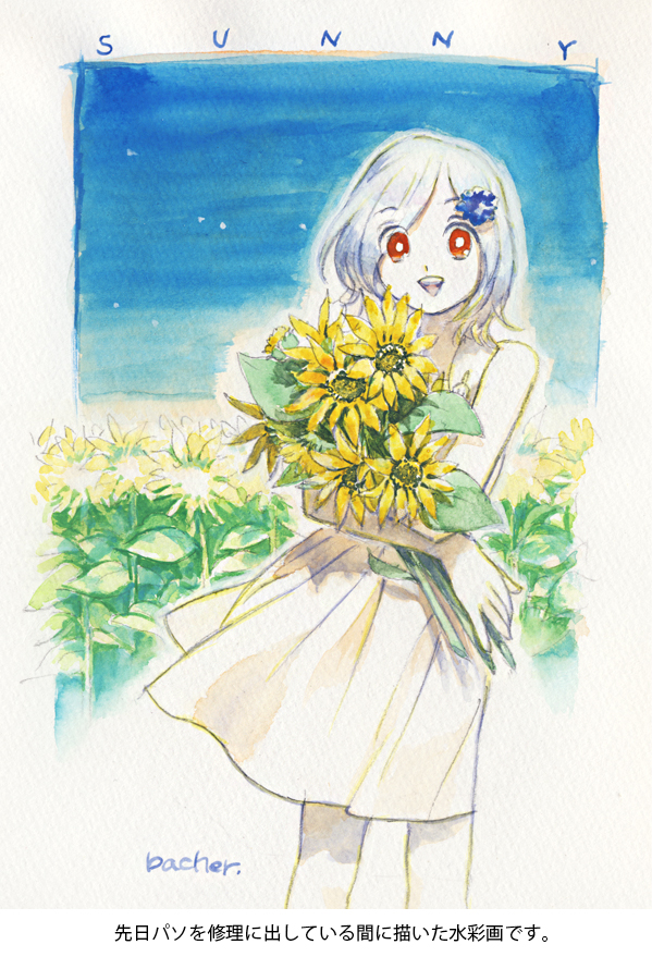 1girl :d artist_name bacher blue_sky bouquet bright_pupils character_name commentary_request day dress feet_out_of_frame flower hair_ornament holding holding_bouquet looking_at_viewer metal_gear_(series) metal_gear_solid_4 open_mouth outdoors red_eyes short_hair silver_hair sky sleeveless sleeveless_dress smile solo standing sundress sunflower sunny_gurlukovich traditional_media translation_request watercolor_(medium) white_dress white_pupils white_skin yellow_flower