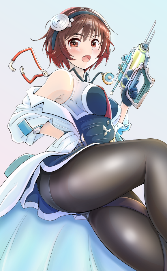 1girl alternate_costume black_gloves black_legwear blue_dress blush brown_hair collared_dress commentary_request cosplay cowboy_shot doctor dress eyebrows_visible_through_hair gloves granblue_fantasy hair_ornament hiyama_izumi_(wttdh) kantai_collection labcoat long_sleeves looking_at_viewer mutsuki_(kantai_collection) necktie open_clothes open_mouth panties panties_under_pantyhose pantyhose red_neckwear redhead short_dress short_hair smile solo stethoscope syringe thighband_pantyhose underwear white_panties