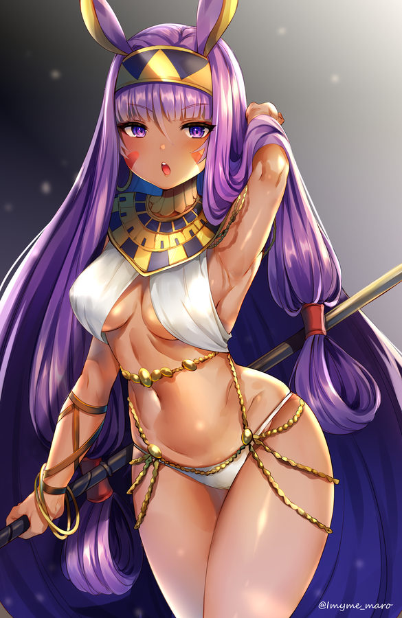 1girl animal_ears arm_up armpits artist_name bangs bikini black_background blush breasts commentary_request dark_skin earrings egyptian_clothes eyebrows_visible_through_hair facial_mark fate/grand_order fate_(series) gradient gradient_background grey_background hair_between_eyes hairband holding holding_staff hoop_earrings jackal_ears jewelry large_breasts long_hair looking_at_viewer marota navel nitocris_(fate/grand_order) open_mouth purple_hair sidelocks skindentation solo staff standing stomach swimsuit thighs twitter_username upper_teeth very_long_hair violet_eyes white_bikini