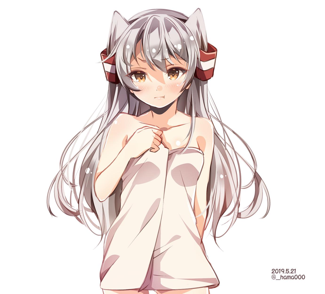 1girl amatsukaze_(kantai_collection) bare_shoulders collarbone commentary_request dated hair_tubes hama_(_hama000) highres kantai_collection long_hair naked_towel pout silver_hair simple_background solo towel twitter_username two_side_up upper_body white_background white_towel windsock