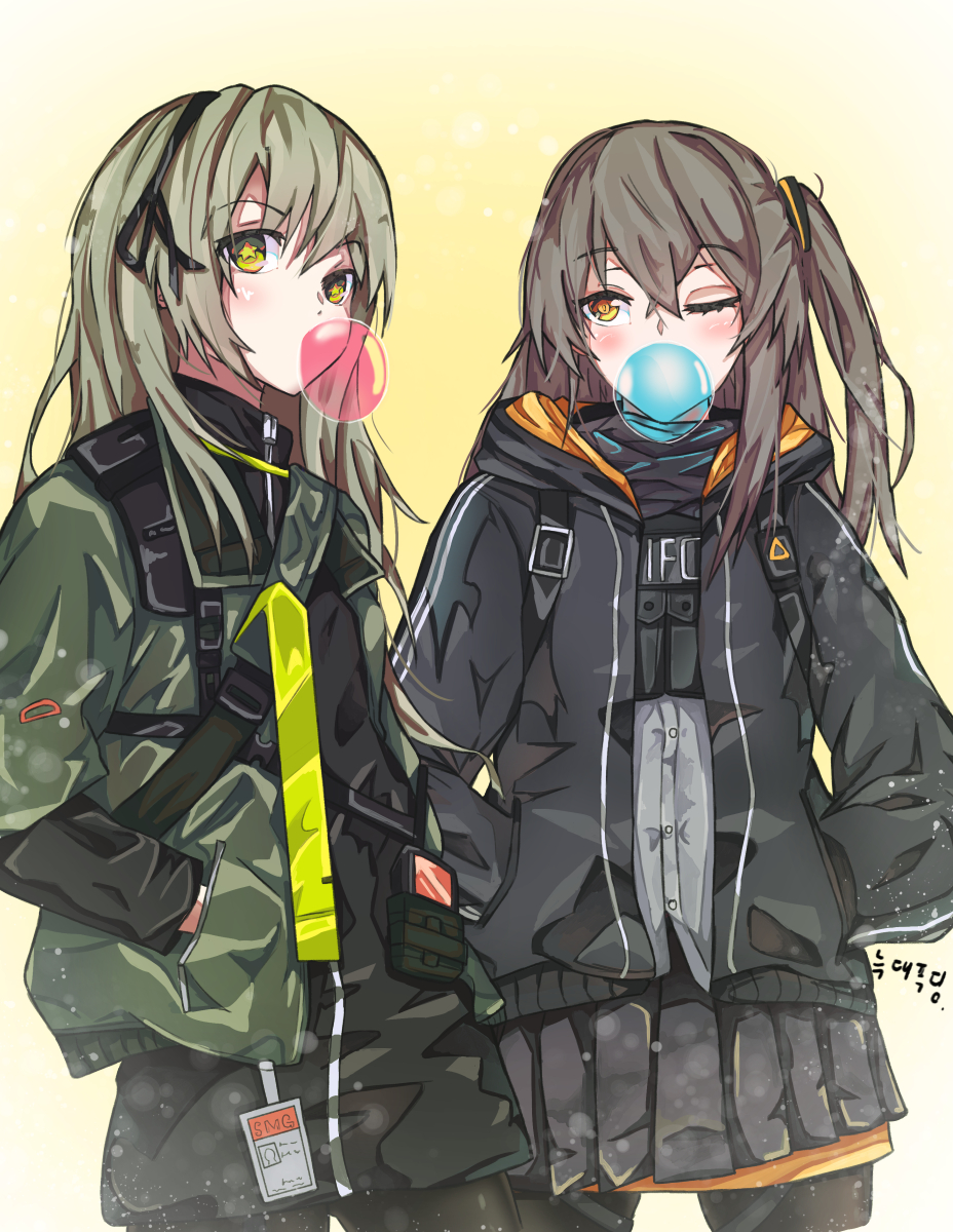 2girls artist_request bubble_blowing chewing_gum commentary english_commentary eyebrows_visible_through_hair girls_frontline green_hair grey_hair hair_ribbon hands_in_pockets highres hood hooded_jacket jacket multiple_girls one_eye_closed one_side_up pantyhose ribbon skirt strap ump40_(girls_frontline) ump45_(girls_frontline) yellow_eyes younger