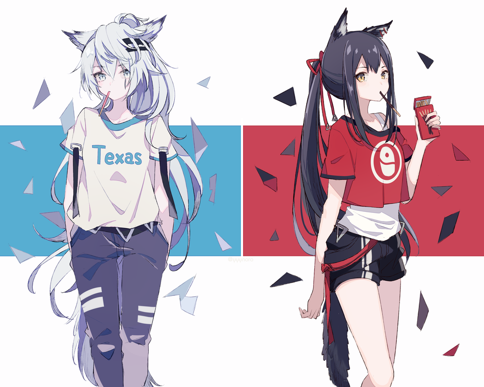 2girls animal_ears arknights bangs black_hair black_pants black_shorts blue_background captain_yue character_name clothes_writing commentary_request crop_top eyebrows_visible_through_hair food food_in_mouth grey_eyes hair_between_eyes hair_ribbon lappland_(arknights) long_hair looking_at_viewer mouth_hold multicolored multicolored_background multiple_girls pants pocky ponytail red_background red_ribbon red_shirt ribbon scar scar_across_eye shirt short_shorts short_sleeves shorts silver_hair tail tank_top texas_(arknights) very_long_hair white_background white_shirt white_tank_top